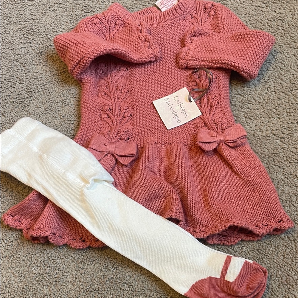 Catherine malandrino Pink Knit Dress with White Tights girls 3-6months NWT